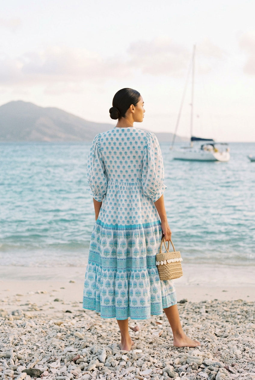Bloom and Blue – Hand Block Printed Cotton Midi Dress