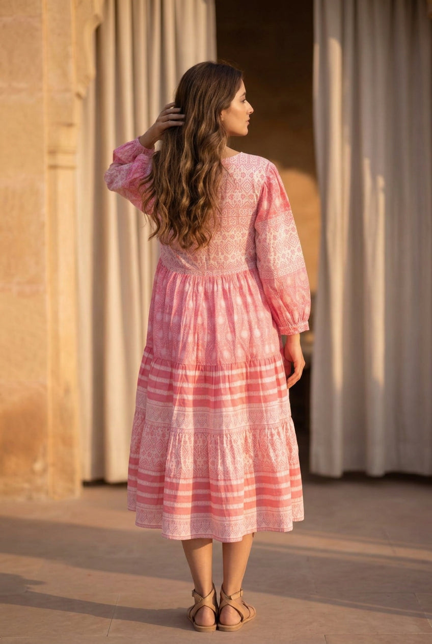 Candy Bloom – Hand Block Printed Cotton Midi Dress