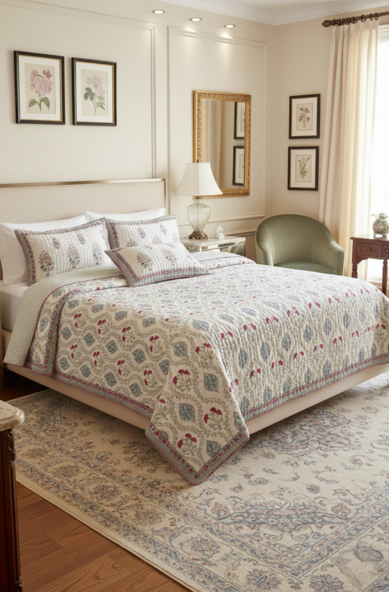 Tranquil Floral Retreat – Reversible 100% Cotton Quilt