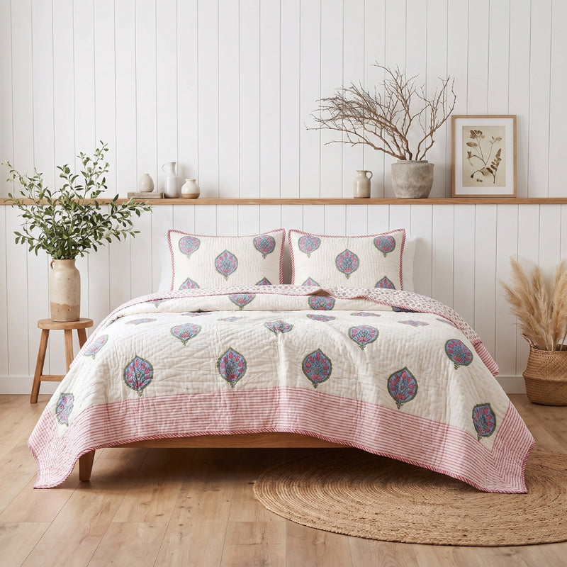 Pink Lotus Garden – 100% Cotton Hand Block Printed Quilt