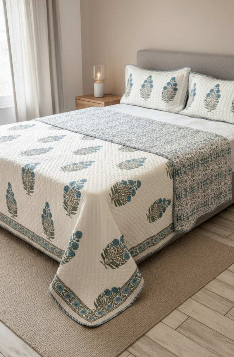 Azure Dreamscape – 100% Cotton Hand Block Printed Quilt