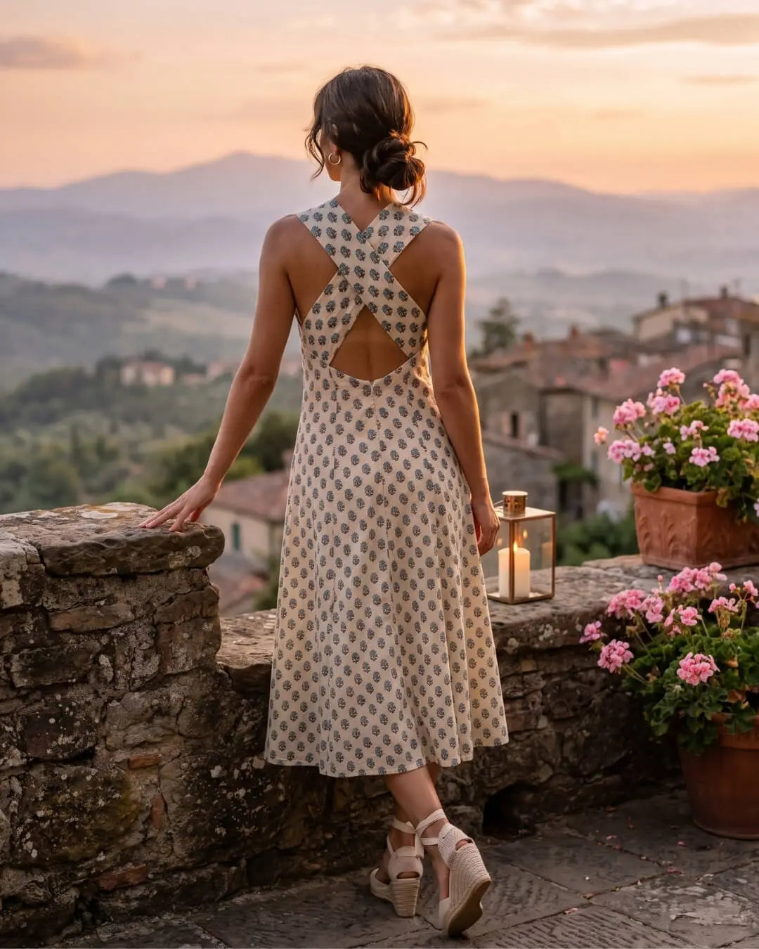 Cross Back - Blue Cotton Hand Block Printed Women's Dress