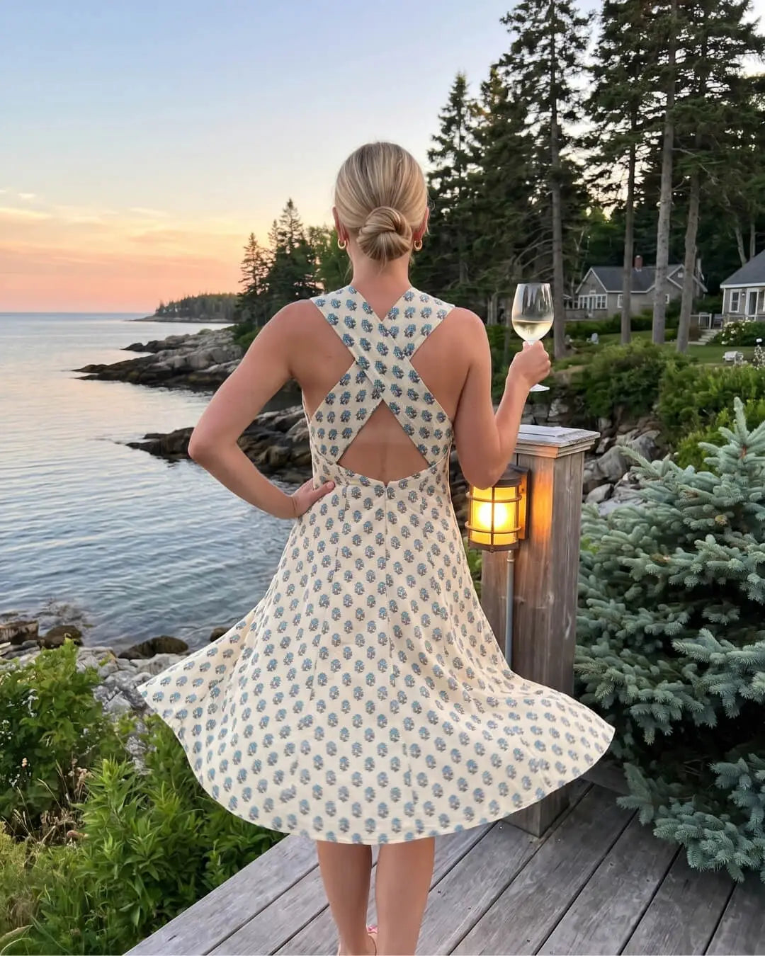 Cross Back - Blue Cotton Hand Block Printed Women's Dress