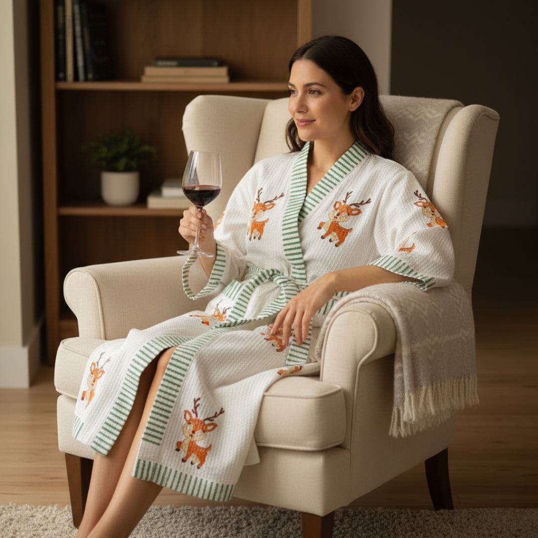 Willow Deer Robe Hand Block-Printed Robe - 100% Cotton