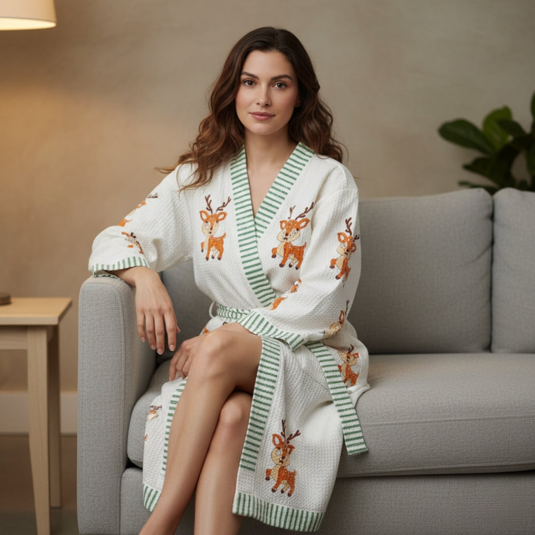 Willow Deer Robe Hand Block-Printed Robe - 100% Cotton