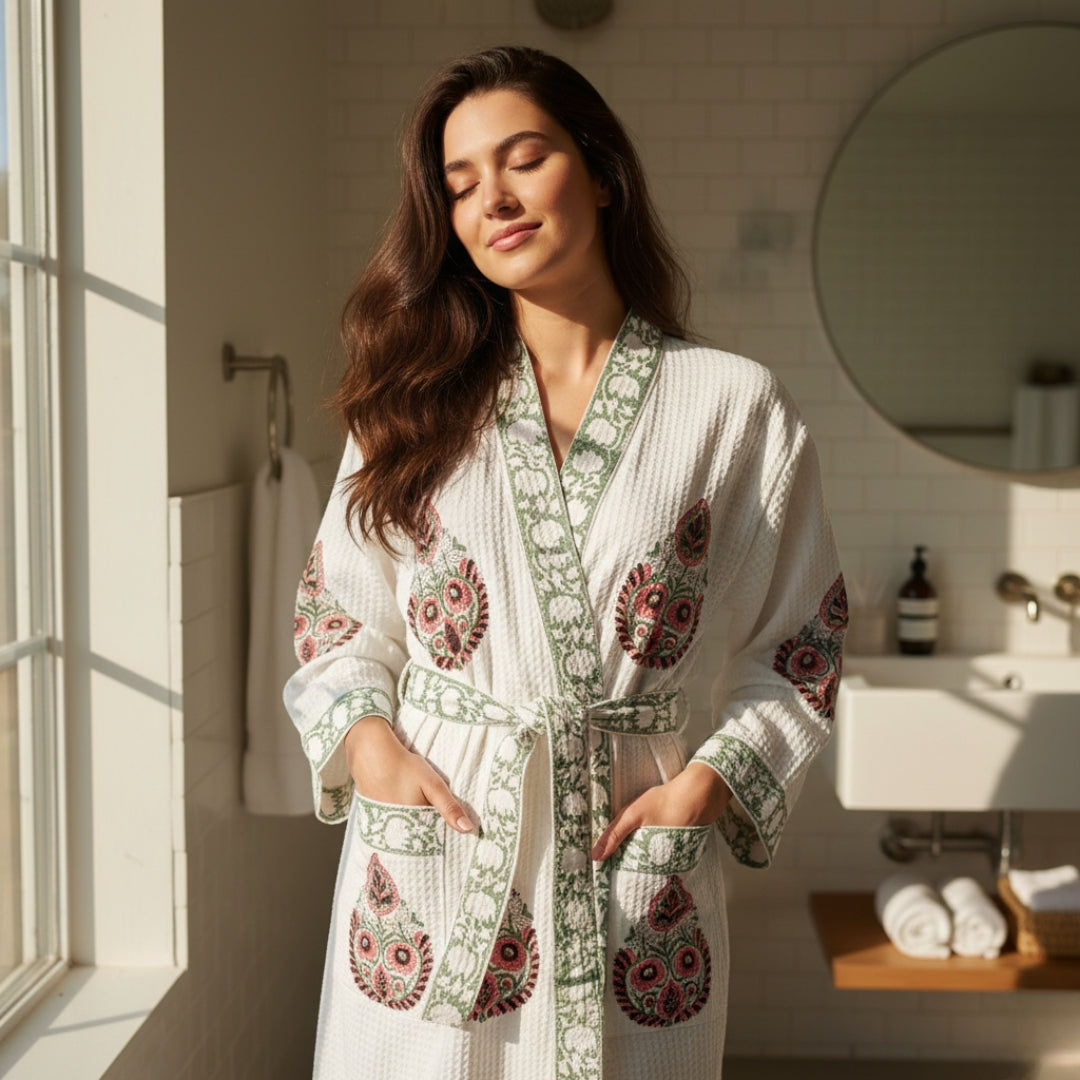 Morning Bloom Hand Block-Printed Robe - 100% Cotton