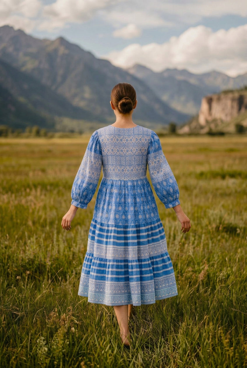 Deep Sea – Hand Block Printed Cotton Midi Dress
