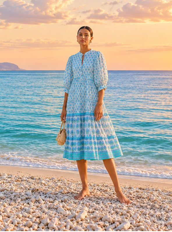 A woman stands barefoot on a pebble beach at sunset wearing a light blue and white patterned midi dress, holding a small beige handbag. The sea, distant mountains, and a sailboat are visible in the background.