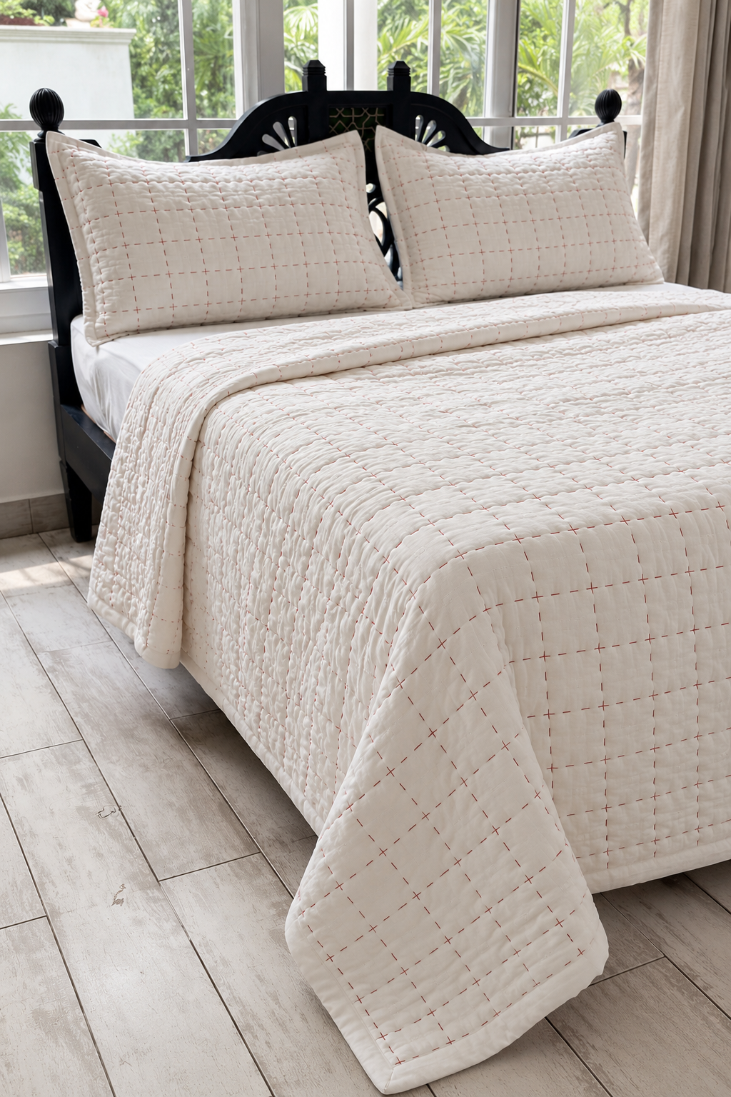 Luxe Stitch – Snow White &amp; Lacquer Red Hand Embroidered Cotton Quilt