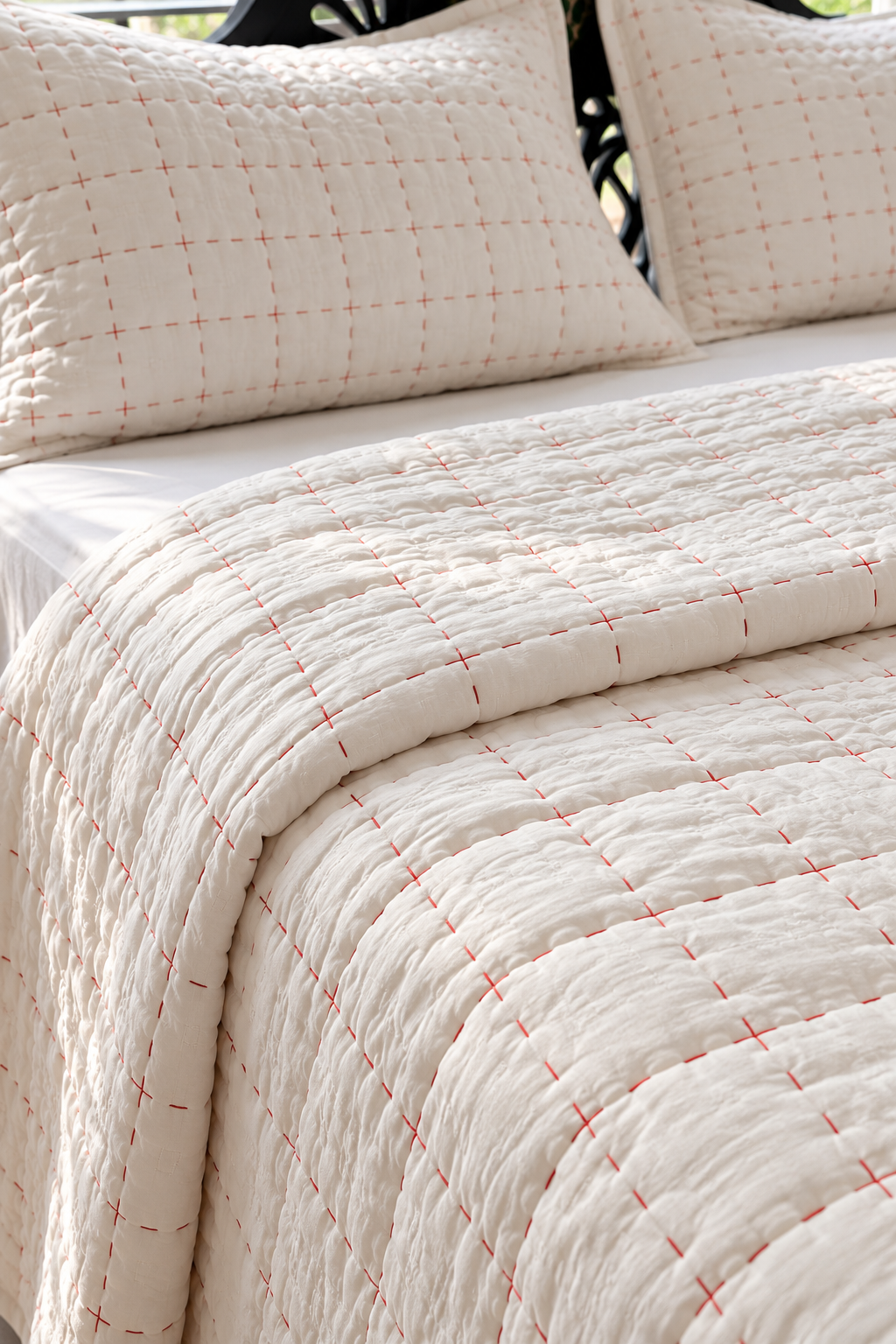 Luxe Stitch – Snow White &amp; Lacquer Red Hand Embroidered Cotton Quilt