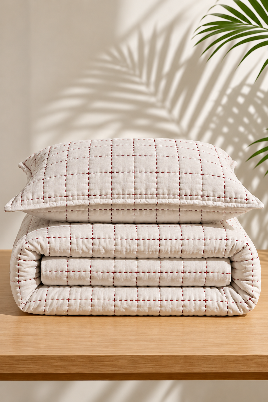 Luxe Stitch – Snow White &amp; Lacquer Red Hand Embroidered Cotton Quilt