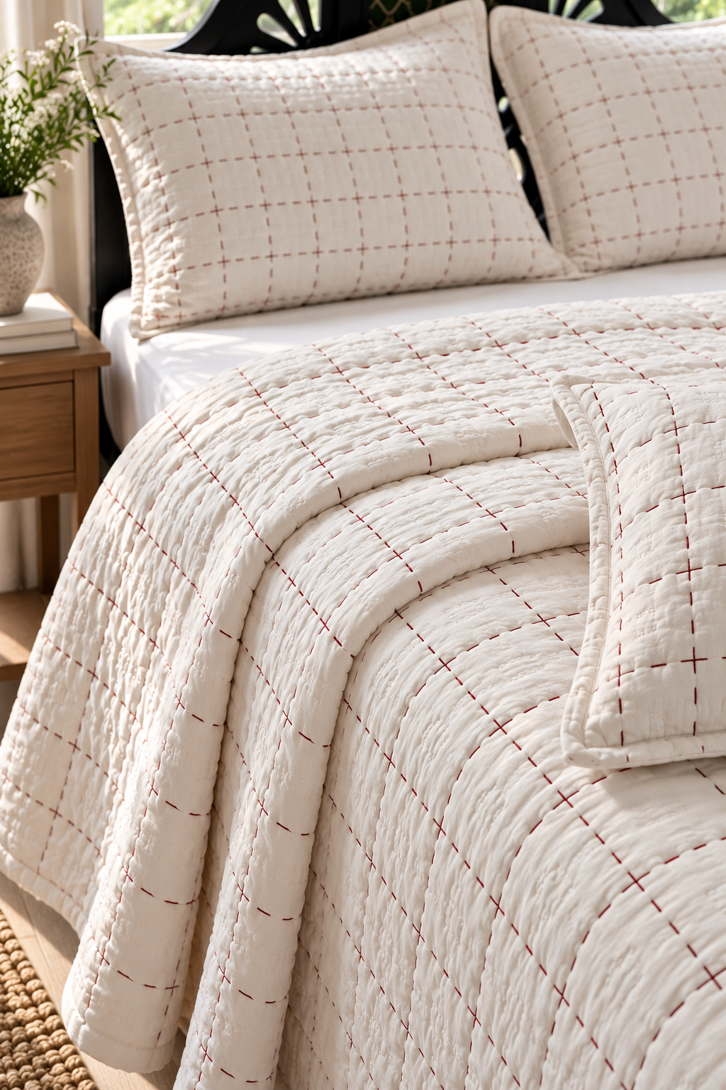 Luxe Stitch – Snow White &amp; Lacquer Red Hand Embroidered Cotton Quilt