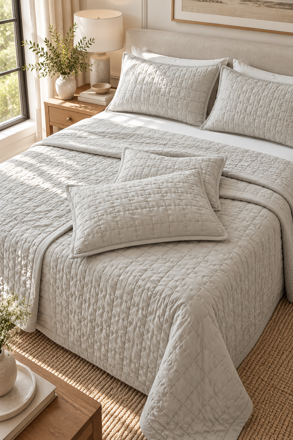 Luxe Stitch – Whisper Gray Hand Embroidered Cotton Quilt