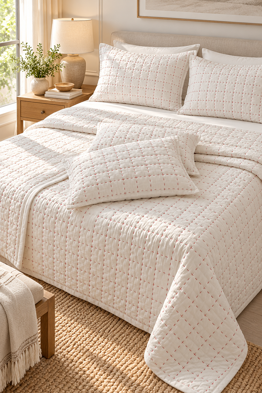 Luxe Stitch – Snow White &amp; Lacquer Red Hand Embroidered Cotton Quilt